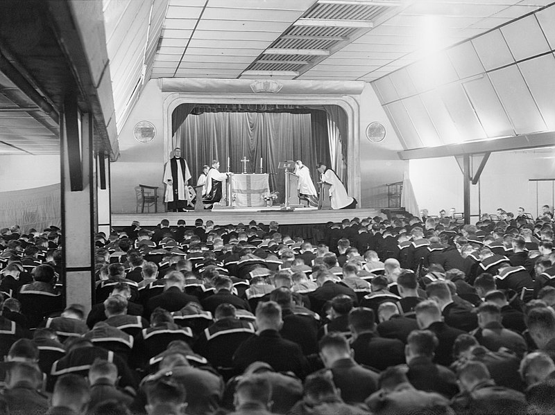 File:The Archbishop of Canterbury conducts a service in the cinema at Flotta on Orkney during his visit to the Home Fleet at Scapa Flow, 6 September 1942. A11549.jpg