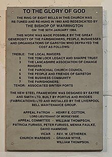 The bells in memory of John Lightbody were retuned and rehung in 1993 The bells in memory of John Lightbody were retuned and rehung.jpg