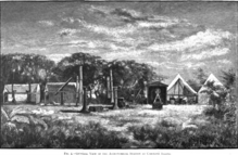 tekening van het kamp op Caroline Island in 1883