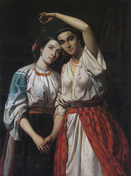 Union of the Principalities, July 1857 painting by Theodor Aman--personifications of Moldavia (left) and Wallachia as maidens in national costume Theodor Aman-Unirea Principatelor.jpg