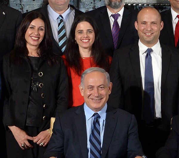 Minister of Education Naftali Bennett (right) with Minister of Justice Ayelet Shaked (above center), Minister of Culture Miri Regev (left), and Prime 