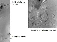 Tikonravev Crater floor, as seen by Mars Global Surveyor. Click on image to see dark slope streaks and layers.