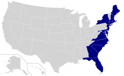 Map of the East Coast of the United States, excluding subdivisions with tidal arms of the Atlantic