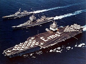 USS Enterprise (CVAN-65), USS Long Beach (CGN-9) and USS Bainbridge (DLGN-25) underway in the Mediterranean Sea during Operation Sea Orbit, in 1964.jpg