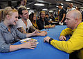 US Navy 101105-N-7095C-345 Cheyenne Kimball, of the country music band Gloriana, talks with Aviation Boatswain's Mate (Handling) 1st Class Todd A.jpg