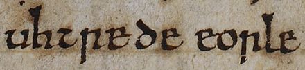 The name of Uhtred, Earl of Northumbria (died 1016×) as it appears on folio 153r of British Library Cotton MS Tiberius B I (the "C" version of the Anglo-Saxon Chronicle): "Uhtrede eorle".