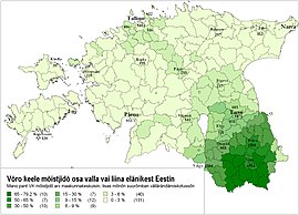 Частка носіїв вируської мови у громадах Естонії та кількість у значних містах згідно з переписом 2011 року