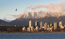 The club's crest depicts the North Shore mountains Cypress, Grouse (pictured), and Seymour. Vancouver west end.jpg