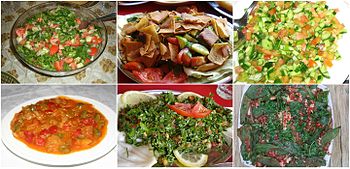 Varieties of Arabic salad: Arab salad, Fattoush, Palestinian salad, Tabbouleh and Raheb. Varieties of Arabic salad.jpg