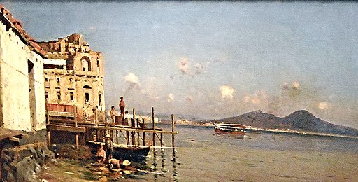 View of Naples with Donn'Anna palace and Vesuvius by Giuseppe Laezza (Naples about 1835-Naples 1905)