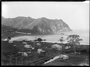 black and white image of a sweeping bay with small wooden houses and hills in the background