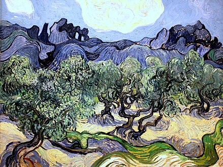 Olive Trees with the Alpilles in the Background, Vincent van Gogh. Deutsch: (vom Wind) bewegte malerische Landschaft mit Olivenbäumen und zwei Löchern in einer blauen Felsenburg: Maler: Vincent van Gogh.