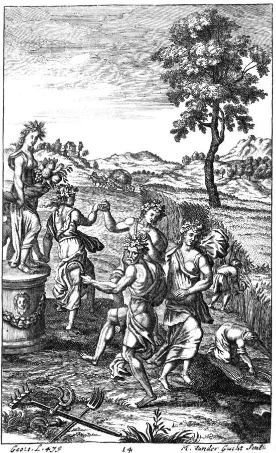 Illustration of Georgic 1, line 475, "Invoke her to bless their yearly Stores"