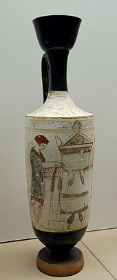 Woman tending a tomb memorial (lekythos, 420-410 BC) Visiting grave BM D73.jpg