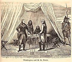 George Washington (left) meeting with French military commander Jacques Legardeur de Saint-Pierre in 1753 Washington & M St Pierre.jpg