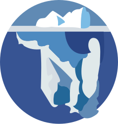 Logo;  círculo azul con iceberg, este en gran parte debajo de la superficie del agua