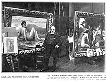 Бугро в мастерской. На заднем плане видны «Волна» и «Восхищение» (справа). Фото 1904 года