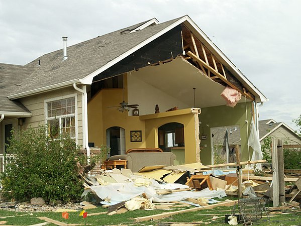 Home in Windsor, CO severely damaged by tornado on May 22, 2008.