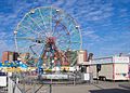 * Nomination The Wonder Wheel on Coney Island --Rhododendrites 03:34, 13 October 2016 (UTC) * Promotion  CommentPlease check your image. There are too much disturbing elements in the foreground and on the left and right. --XRay 04:15, 13 October 2016 (UTC) @XRay: Thanks for your feedback. Could you clarify what you mean? Crop out everything but the wheel? I can do that, but one of the things I like about this is off-season amusement park with no people. Maybe not the right idea for an educational photo :) Rhododendrites 15:55, 16 October 2016 (UTC)  Comment The best way may be to put the camera one meter up or go forward 5 or 10 meters. But I proposed another crop. Please check my note. Thank you. --XRay 15:24, 18 October 2016 (UTC) @XRay: Will keep in mind, but I'm not in a position to revisit in the immediate future. I've cropped as you've suggested, though. Thanks. Rhododendrites 01:37, 19 October 2016 (UTC)  Support IMO good enough for QI. Thank you. --XRay 11:47, 21 October 2016 (UTC)