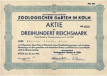 Share of the Cologne Zoological Garden, issued 20. June 1930 Zoologischer Garten in Koln 1930.jpg