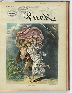 Vuoden 1899 sarjakuva "Myrskystä", joka näyttää sodasta pakenevaa rauhaa