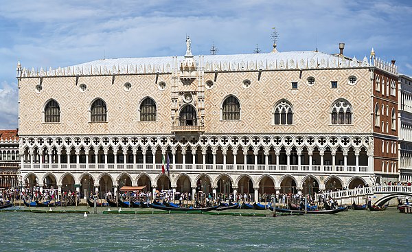 Gothic arches adorn the Doge's Palace, Venice. Mostly 14th century.