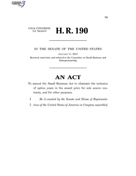 File:116th United States Congress H. R. 0000190 (1st session) - Expanding Contracting Opportunities for Small Businesses Act of 2019 C - Referred in Senate.pdf