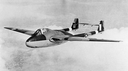 Vampire F.1 TG/278; the square fins and high horizontal stabilizer were changed for later production aircraft.