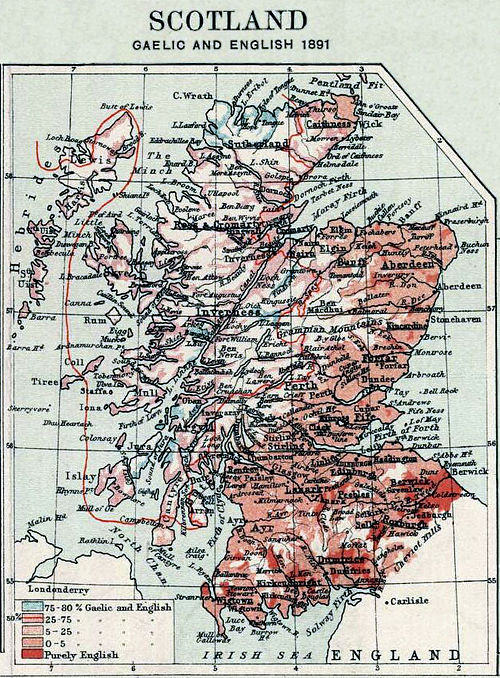 1891 distribution of English (including Scots) and Gaelic in Scotland 75–80% Gaelic, and English ━ 25–75% Gaelic, and English; line indicates the 50% 