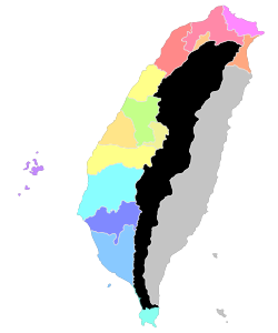 1894年福建臺灣省行政區劃範圍，黑色為番地（未實際統治），灰色為臺東直隸州宣稱的控制範圍，然許多地方其實未受控制[來源請求]