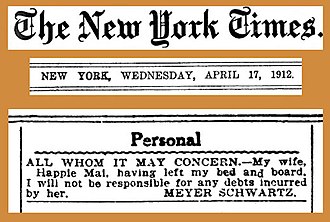 Disclaimers often concern public safety or business relationships, or, as shown here, may be of a personal nature. Publishing disclaimers is an attempt to provide constructive notice to possible claimants. 19120417 Disclaimer - not responsible for wife's debts - The New York Times.jpg