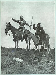 Sancho Panza, a squire, can be regarded as a sidekick to Don Quixote in Cervantes' famed fictional work. 1916-04-22, La Esfera, Aquel caballero que alli ves, Luis de Ocharan (cropped).jpg