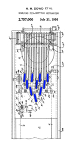 A drawing from a 1956 patent issued to the inventors of the first automated candlepin pinsetter. (Blue shading not in original.) 19560731 Bowling pin-setting mechanism - U. S. Patent 2,757,000.png