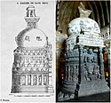 The sculptured dagoba (stupa) in the worship hall. It has 36 carved panels.[247]