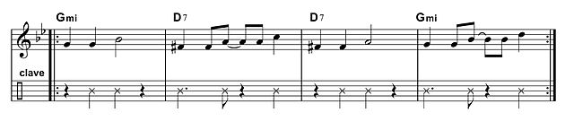 2–3 piano guajeo: clave motif, written in cut-time (Playⓘ)