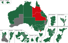 Results by division. Green indicates a Yes vote, red indicates a No vote, dark grey indicates the member abstained, and light grey indicates the member was not present. 2017 Gay Marriage Vote Australian HOR.svg