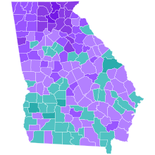 Amico
50-60%
60-70%
70-80%
80-90%
James
50-60%
60-70% 2018 Georgia lieutenant gubernatorial Democratic primary results map by county.svg