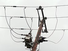 A squirrel can disrupt a power system if its body becomes a current path between electrical lines such as those seen here. 20 kV switch and tap.jpg