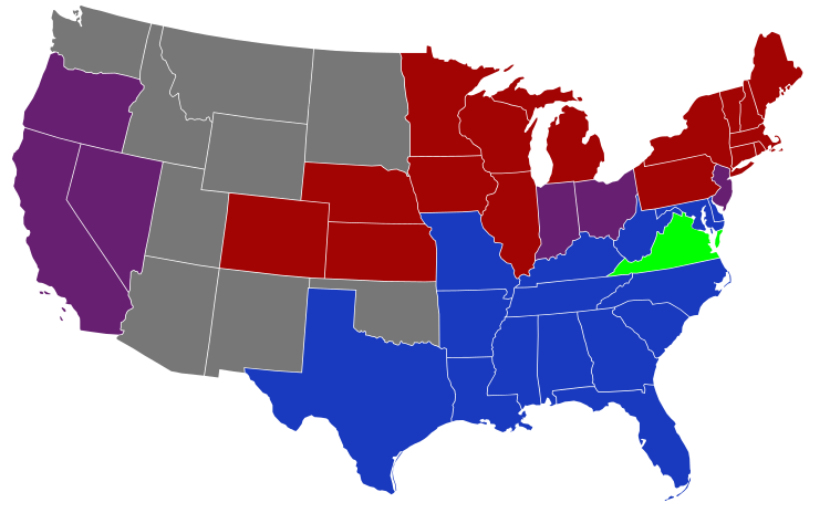 Senators' party membership by state at the opening of the 48th Congress in March 1883.   2 Democrats   1 Democrat and 1 Republican   2 Republicans   2 Readjusters   Territories