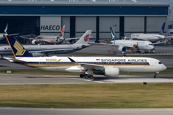 Airbus A350-900 in the current livery, This particular A350 has decals to celebrate Airbus' delivery of its 10,000th aircraft.