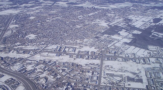 View of Laval from the air in winter