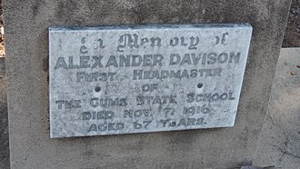 Headstone for Alexander Davison, first headmaster of The Gums State School, 2016 Alexander Davison headstone, The Gums Cemetery, 2016.jpg