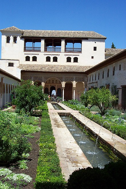 Interior garden in the Generalife of the Alhambra, in Granada, a variation of the riad element in Muslim palace architecture of the region