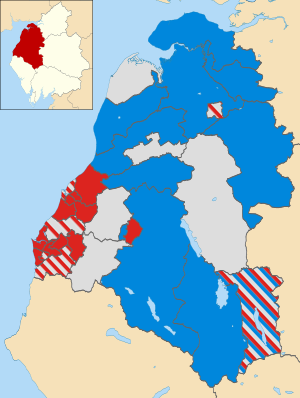 Map of the results of the 2011 Allerdale council election. Labour in red, Independents in grey and Conservatives in blue. Allerdale UK local election 2011 map.svg