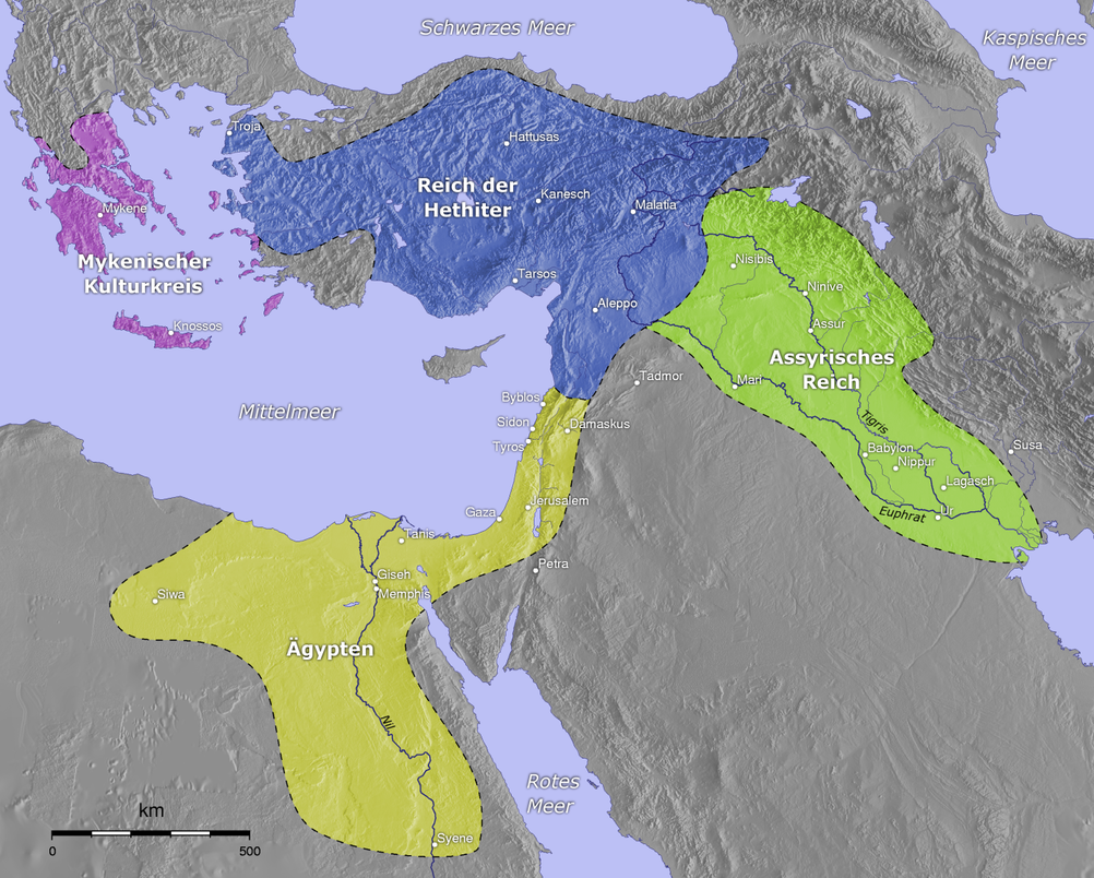Het Hettitische rijk (blauw), Egyptische rijk (geel), Assyrische rijk (groen) en het Myceense cultuurgebied (paars) omstreeks 1400 v.Chr.