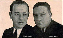 Freeman Gosden and Charles Correll of Amos 'n' Andy in 1929 Amos andy 1929 postcard.JPG