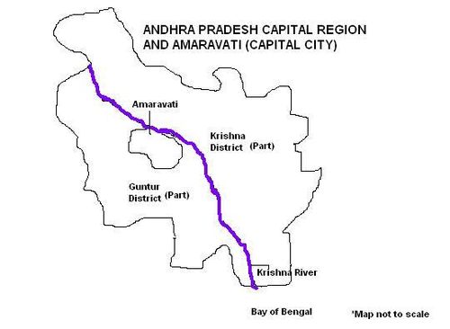 Peta yang menunjukkan Andhra Pradesh Capital Region yang tersebar di seluruh Guntur dan Krishna kabupaten dengan kota Amaravati di tepi Sungai Krishna