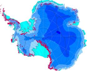 Carte de l'inlandsis de l'Antarctique (en bleu) dont les barrières de glace (en cyan) ; les terres libres de glace sont en magenta.