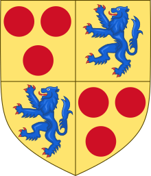 Arms of William Courtenay, 1st Earl of Devon (1475-1511): Quarterly 1st & 4th, Courtenay; 2nd & 3rd Redvers, as sculpted on south porch of St Peter's Church, Tiverton, Devon, impaling the arms of King Edward IV, the father of his wife Princess Katherine Arms of the House of Courtenay, earls of Devon (quarterly).svg