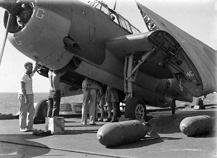 An Avenger being loaded with bombs on board HMS Illustrious before the raid on Surabaya